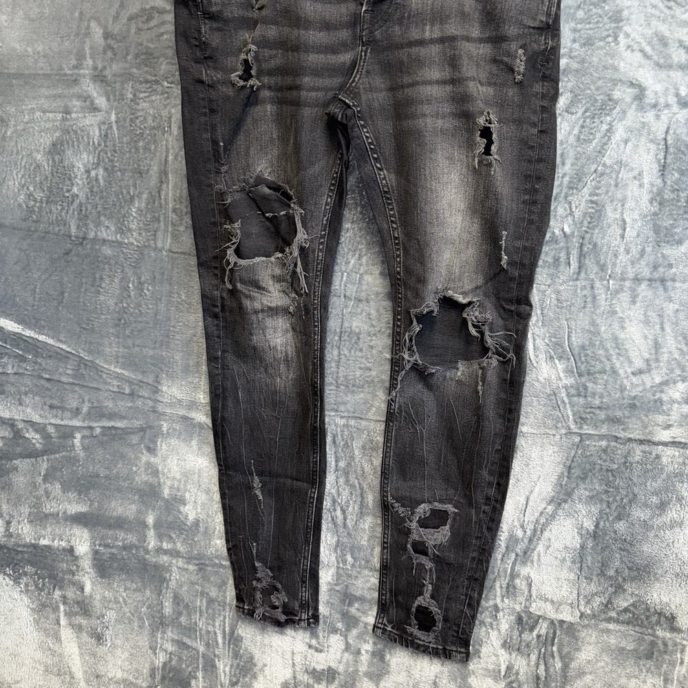 Zara Jeans Womens 32 High Rise Skinny Distressed Ripped Knees Black Pants 015 - Picture 2 of 6